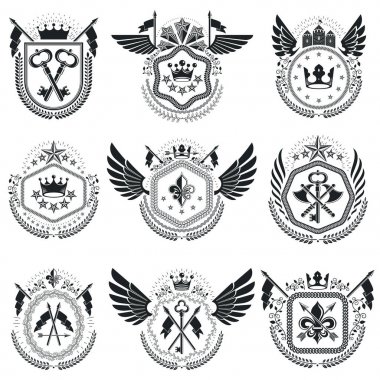 Hanedan Amblemler izole vektörel çizimler. Vintage tarzı sembollerde topluluğu.