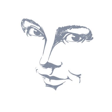 Tek renkli çizilmiş maske yüz özellikleri ve duygusal ifadeler ile. Güzel seksi Bayan, flört kadın portresi.