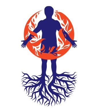 Ağaç kökleriyle bezenmiş atletik bir adamın vektör çizimi, ateş topuyla kaplanmış güçlü bir enerji demeti olarak ateş insanı..