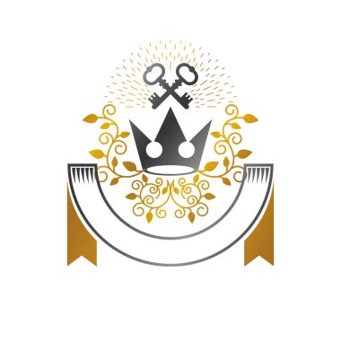 Kraliyet Taç amblemi. Heraldik vektör tasarım elementi. Retro stil etiketi, heraldry logosu. Eski logotip beyaz arkaplanda izole edildi.