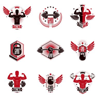 Spor salonu Halter ve fitness Spor Kulübü logoları, retro stilize vektör amblem veya rozetleri ayarla.
