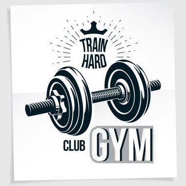 Disk ağırlık dambıl ve royal crown ile oluşturulan Halter Şampiyonası vektör promosyon el ilanı. Zor yazı tren.