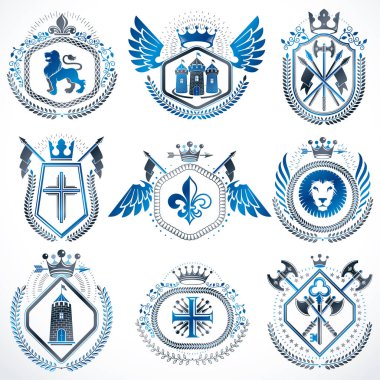 Vektör klas hanedan arması. Blazons topluluğu vintage tasarımında stilize ve oluşturulan grafik öğeleri, Kraliyet kron ve bayrak, yıldız, kuleleri, Tophane, dini haçlar.