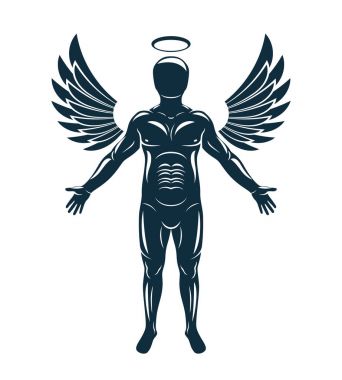 Melek gibi kuş kanatları ve haleler kullanarak yapılmış kaslı insanın vektör grafik çizimi. Koruyucu melek.