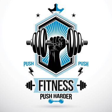 Ağır yük güç Şampiyonası vektör amblemi ile kas vücut geliştirmeci kol dumbbell tutarak oluşturulan kaldırma.