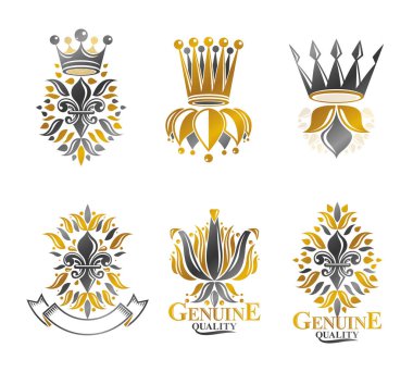 Kraliyet sembolleri Lily çiçekler, çiçek ve kron, amblemler ayarlayın. Hanedan vektör tasarım öğeleri koleksiyonu. Retro tarzı etiket, Hanedanlık armaları logosu.