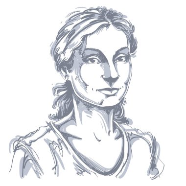 Güzel tür kadın çizilmiş vektör Illustration. Tek renkli görüntüyü, yüz ifadelerini, genç bayan. Yetişkin kişi poz.