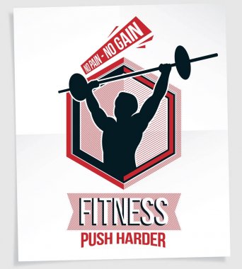 Spor salonu reklam broşürü, halter spor ekipmanları tutan kaslı vücutçunun vektör illüstrasyonuyla oluşturuldu. Acı yok, kazanç yok..