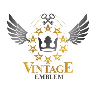 Eski Crown amblemi. Hanedan vektör tasarım öğesi. Retro tarzı etiket, Hanedanlık armaları logo. Beyaz arka plan üzerinde izole süslü logo.