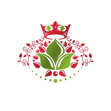 Hanedan arması armalı dekoratif amblem, zambak çiçeği ve kraliyet tacı, ekolojik ürün. İzole vektör çizimi, Fleur-De-Lis.