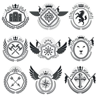 Hanedan Amblemler izole vektörel çizimler. Vintage tarzı sembollerde topluluğu.