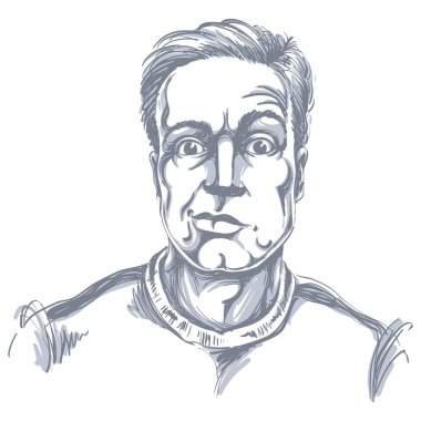 Kuşkucu adam kısa saçlı çizilmiş vektör Illustration. Tek renkli görüntüyü, yüz ifadelerini bir genç adam, şok kişi.