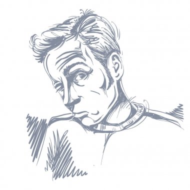 Sarhoş adam veya kumarbaz ile kırışıklıkları alnına çizim vektör. Zor adam portresi siyah ve beyaz. 