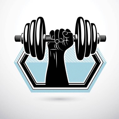 Vücut geliştirmeci kas kol dumbbell ve disk weught ile vektör Illustration. Kaldırma güç.