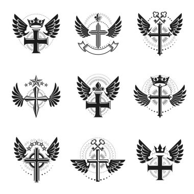 Christian Cross amblemleri yerleştirildi. Arms dekoratif logoları Heraldic Coat izole edilmiş vektör çizimleri koleksiyonu.