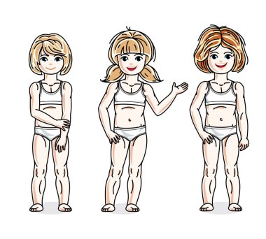 Beyaz iç çamaşırı poz sevimli mutlu küçük kız. Güzel çocuklar çizimler vektör kümesi. Çocukluğu ve ailesi yaşam tarzı çizgi film.