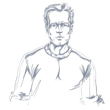 Beyaz-emin sakin dostum skin, yüz duygular Tema resimde çizilmiş portresi. Yakışıklı adam beyaz arka plan üzerinde poz.