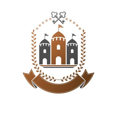 Antik kale amblemi. Hanedan arması dekoratif logo vektör illüstrasyon izole. Beyaz arka plan üzerinde eski tarzı Retro logo.