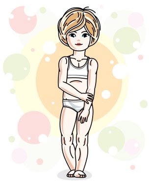 Güzel mutlu küçük sarışın kız iç çamaşırı renkli zemin kabarcıklar ve daireler ile poz. Vektör çekici çocuk çizim.