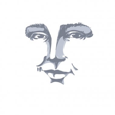 Çizilmiş tek renkli portre Beyaz Cilt flört kadın, yüz duygular Tema illüstrasyon. Güzel seksi Bayan beyaz zemin üzerine kız hassas yüz özellikleri poz.