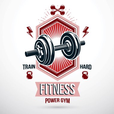 Vektör Spor donatımı, disk ağırlık ve su ısıtıcısı çan halterle. Fitness Egzersiz kavramsal amblemi