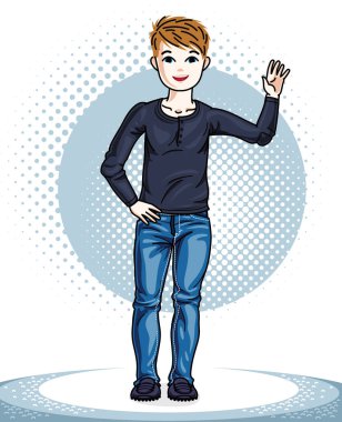 Şık rahat kıyafetler içinde duran güzel çocuk çocuk. Vektör çocuk çizim. Çocukluk yaşam tarzı çizgi film.