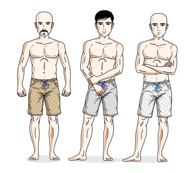 Yakışıklı erkekler ayakta plaj şort giyiyor. Vektör insanlar illüstrasyonlar set.