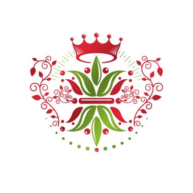 Hanedan arması armalı dekoratif amblem, zambak çiçeği ve kraliyet tacı, ekolojik ürün. İzole vektör çizimi, Fleur-De-Lis.