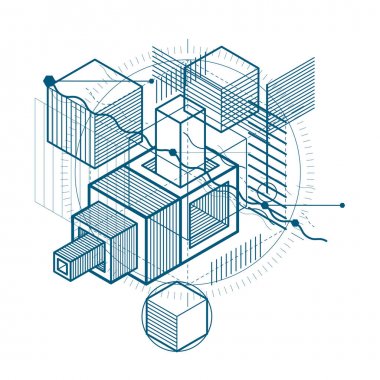 İzometrik doğrusal soyut vektör arka plan, çizgili soyutlama. Küpleri, Altıgenler, kareler, dikdörtgenler ve farklı soyut öğeler.