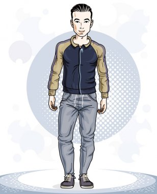 Poz brunet yakışıklı genç. Sporcu vektör Illustration. İş çıkışı ve Tema eğitimi.