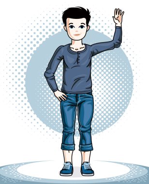 Tatlı küçük çocuk genç teen ayakta şık rahat kıyafetler. Vektör illüstrasyon insan. Çocukluk yaşam tarzı çizgi film.