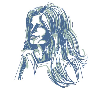 Grafik vektör Illustration çizilmiş Beyaz Cilt çekici romantik Bayan şık saç kesimi ile. İnsanlar yüz ifadeleri, hassasiyet Tema.