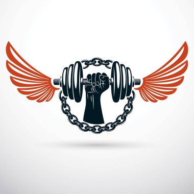 Kanatlı vektör çizim, vücut kas kol dumbbell tutarak. Güç kaldırma ve çapraz uyum.