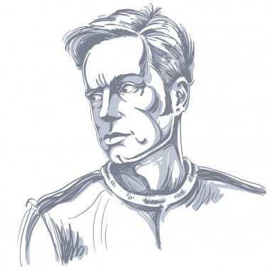 Gri tonlamalı yakışıklı şiddetli bir adam, siyah ve beyaz vektör çizim portresi. Duygusal ifadeler fikir görüntü. 