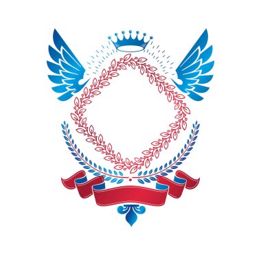 Grafik kanatlı amblemi royal crown öğe, defne çelengi ve lüks ile oluşan şeridi. Hanedan arması izole dekoratif logo vektör çizim.