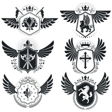 Vintage Hanedanlık armaları tasarım şablonları, vektör Amblemler. Vintage tarzı sembollerde topluluğu.