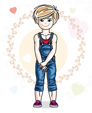 Renkli zemin romantik kalpleri ile poz güzel küçük sarışın bir kız. Vektör çocuk çizim.