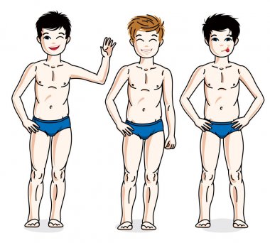 Mutlu genç genç çocuklar mavi çamaşırlarıyla poz. Vektör çocuklar illüstrasyonlar set. Çocukluğu ve ailesi yaşam tarzı küçük resim.