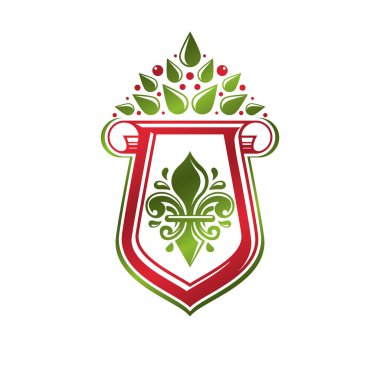 Nilüfer çiçeği kraliyet sembolüyle yapılmış klasik bir arma. En iyi kalite ürün sembolü, doğa koruma teması illüstrasyonu, kabartmayla süslenmiş kalkan..