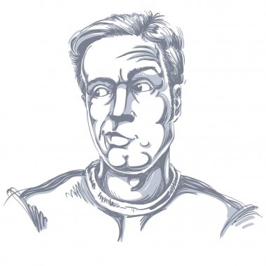 Tek renkli vektör resim çizilmiş, şüphe, genç adam inkarcı. Siyah ve beyaz illüstrasyon kuşkucu biri.