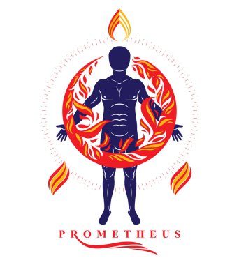Vector graphic illustration of strong male, body silhouette standing. Fire person as bunch of the powerful energy covered with a fireball. clipart