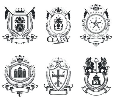 Hanedan arması dekoratif amblemler izole vektör çizimleri. Eski tasarım ögeleri koleksiyonu.