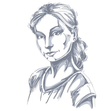 Beyaz deri romantik kadın, yüz duygular Tema illüstrasyon sanat çizilmiş portresi. Güzel Bayan beyaz zemin üzerine, hassasiyet poz.