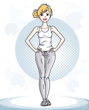 Poz güzel sarışın genç atletik kadın. Vektör çizim çekici Bayan tayt ve T-shirt giyiyor. Etkin ve sağlıklı yaşam tarzı tema çizgi film.