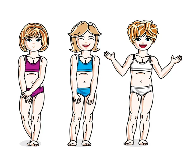Niñas Bonitas Pie Vistiendo Bikini Colorido Diversidad Vectorial Niños Ilustraciones — Archivo Imágenes Vectoriales