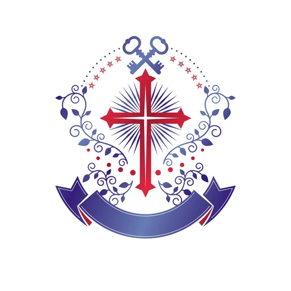 Christian Cross Decoratieve Embleem Samengesteld Met Beveiligingssleutels Heraldische Vector Ontwerpelement — Stockvector