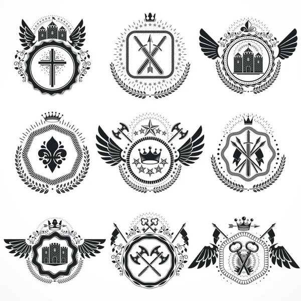 Emblemas Vectoriales Diseños Heráldicos Vintage Colección Escudo Armas Conjunto Vectores — Archivo Imágenes Vectoriales