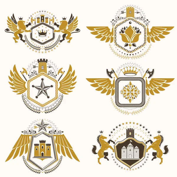 Vintage Emblemas Vectoriales Heráldicos Decorativos Compuestos Por Elementos Como Alas — Archivo Imágenes Vectoriales