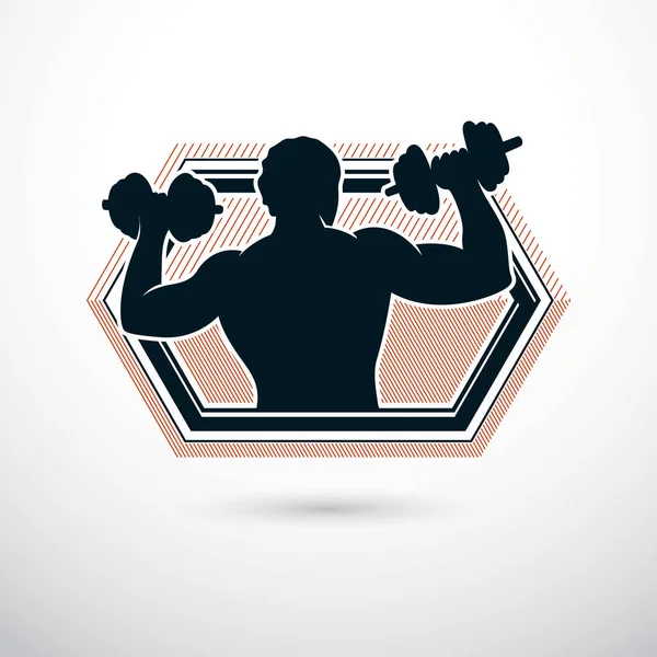 Illustrazione Vettoriale Del Bodybuilder Muscolare Che Tiene Manubri Champion Silhouette — Vettoriale Stock