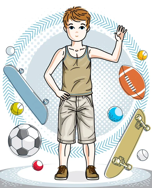 小男孩站在时尚休闲服装 矢量美丽的人类插画 童年生活剪贴画 — 图库矢量图片